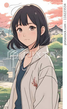 手绘卡通漂亮的亚洲女孩插画 110223534