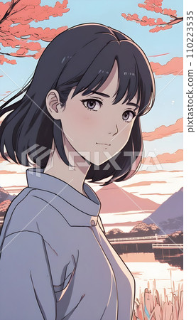 手绘卡通漂亮的亚洲女孩插画 110223535