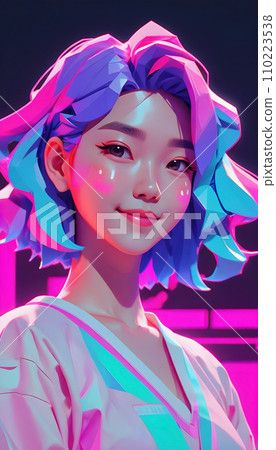 手绘霓虹汽波漂亮可爱的卡通动漫女孩插画 110223538