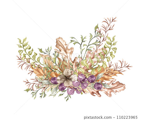 Watercolor autumn composition in vintage style. Hand painted autumn illustration with herbs, leaves and mushrooms in muted colors. Forest composition 110223965