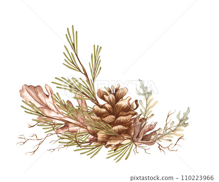 Watercolor autumn composition in vintage style. Hand painted autumn illustration with herbs, leaves and mushrooms in muted colors. Forest composition 110223966