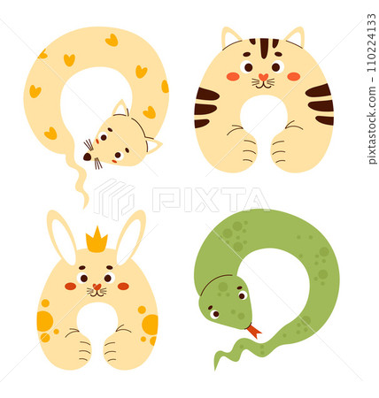 Collection neck pillows. Plush animal toys - cat, rabbit, snake and rodent. Soft anti-stress cuddly pillow toy for travel, comfort, sleep and games. Isolated vector illustrations in flat style 110224133