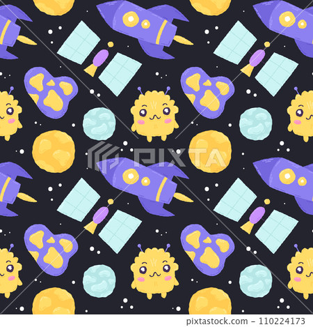 Baby cute seamless pattern with space elements on dark background. Hand drawn flat cartoon style. Vector illustration 110224173
