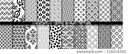 Geometric floral set of seamless patterns. White and black vector backgrounds. Damask graphic ornaments. Geometric floral set of seamless patterns. White and black vector backgrounds. Damask graphic ornaments. 110224202