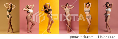 Collage. Full-length image of beautiful young woman with slim, fit bodies posing in underwear over multicolored background. Collage. Full-length image of beautiful young woman with slim, fit bodies posing in underwear over multicolored background. 110224332