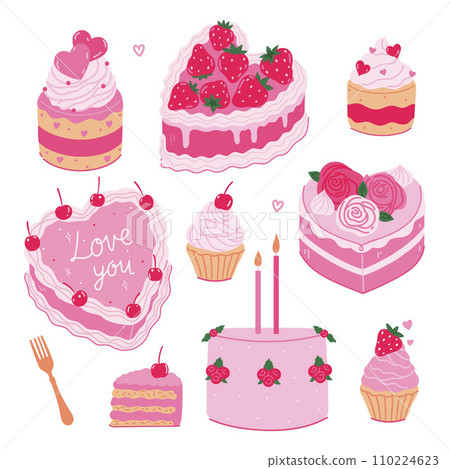 Set of cute pink cakes with strawberries and cherries isolate on a white background. Vector graphics. 110224623