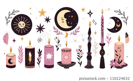 Magic set of candles and candles in candlesticks isolate on a white background. Vector graphics. 110224632