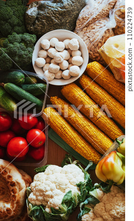 fresh vegetarian vegetables are food for healthy proper diet. Broccoli, cauliflower, tomatoes, cucumbers and corn 110224739