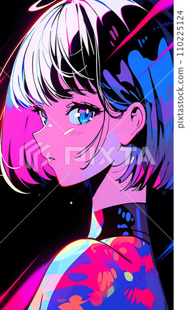 手绘赛博朋克风格漂亮可爱的卡通动漫女孩插画 110225124