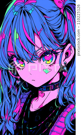 手绘赛博朋克风格漂亮可爱的卡通动漫女孩插画 110225126