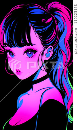 手绘赛博朋克风格漂亮可爱的卡通动漫女孩插画 110225128