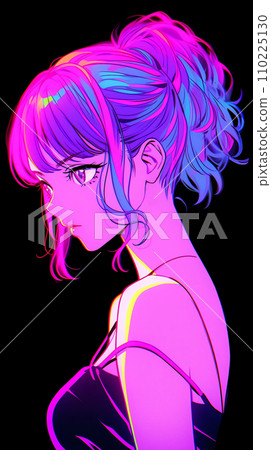 手绘赛博朋克风格漂亮可爱的卡通动漫女孩插画 110225130