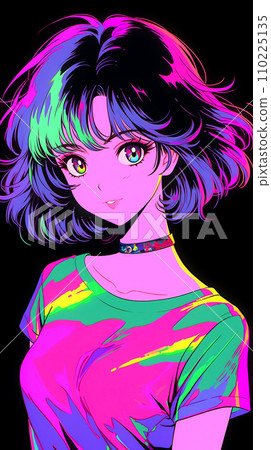 手绘赛博朋克风格漂亮可爱的卡通动漫女孩插画 110225135
