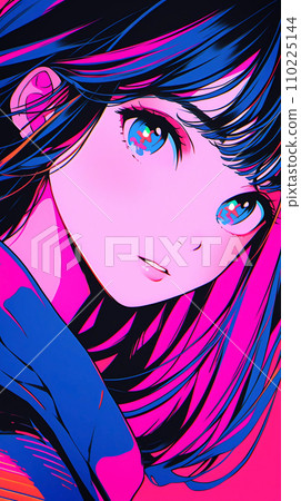 手绘赛博朋克风格漂亮可爱的卡通动漫女孩插画 110225144