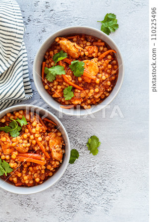 Ptitim stew with chicken and vegetables. Israeli traditional cuisine. Ptitim stew with chicken and vegetables. Israeli traditional cuisine. 110225496