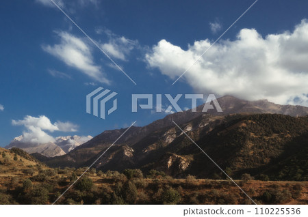 landscape with mountain peaks background the sky with clouds at sunset in summer landscape with mountain peaks background the sky with clouds at sunset in summer 110225536