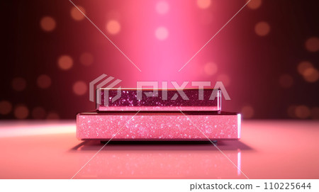 Shiny pink stand display for festive product presentation with glitter and bokeh, Valentines day background. Generative AI 110225644