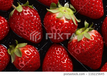 Strawberries and water on black background, fresh and tasty fruit, close up shot, healthy food fresh from the farm concept. Generative AI 110225645
