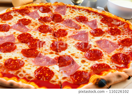 Pizza. Homemade pizza. Delicious pizza. Freshly made Italian margherita pizza with buffalo mozzarella and basil. Pizza with cheese, tomato sauce. Wood oven. World Pizza Day. February 9. 2024. 110226102