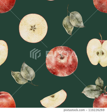 Seamless pattern with ripe apple tree branches, slice on dark green background. Watercolor fruit Perfect for juicy pack, design templates, wallpaper, wrapping, fabric and textile Seamless pattern with ripe apple tree branches, slice on dark green background. Watercolor fruit Perfect for juicy pack, design templates, wallpaper, wrapping, fabric and textile 110226269