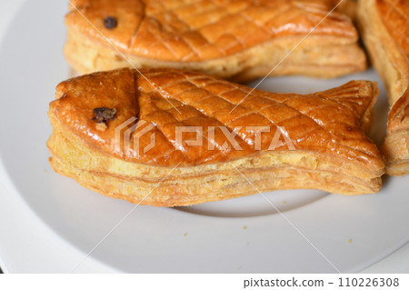 The fishes from puff pastry in the store on April Fool's Day 110226308