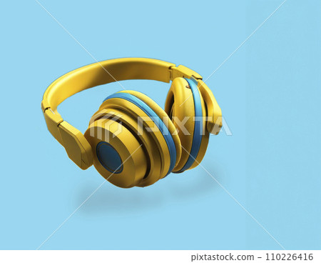 3D yellow headphones flying in the air on a blue background. Concept of listening to music, audio books, learning languages, happy life 110226416