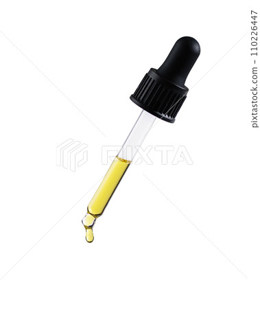 Dropper with cosmetic oil drop isolated on white background. Abstract drop of skin care oil. Dropper with cosmetic oil drop isolated on white background. Abstract drop of skin care oil. 110226447