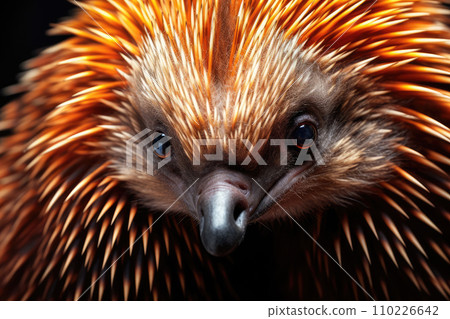 AI-generated content. Macro photo close up of echidna on black background AI-generated content. Macro photo close up of echidna on black background 110226642