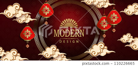 Textured red illustration with round frame, lanterns on pendants in paper art style Textured red illustration with round frame, lanterns on pendants in paper art style 110226665