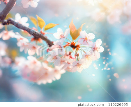 櫻花盛開，櫻花花瓣飄落，絢麗多彩 110226995