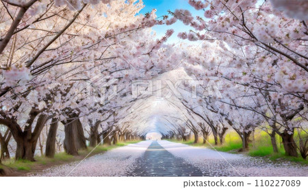 櫻花盛開，櫻花花瓣飄落，絢麗多彩 110227089