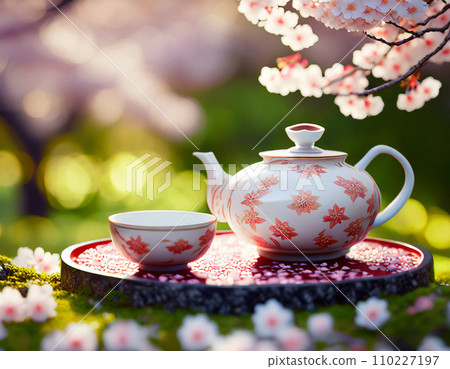 在盛開的櫻花園裡舉辦的茶會，配有美麗的茶具 110227197