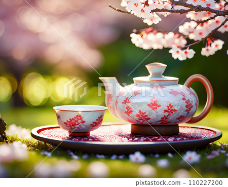 A tea party with beautiful tea utensils held in a cherry blossom garden in full bloom A tea party with beautiful tea utensils held in a cherry blossom garden in full bloom 110227200