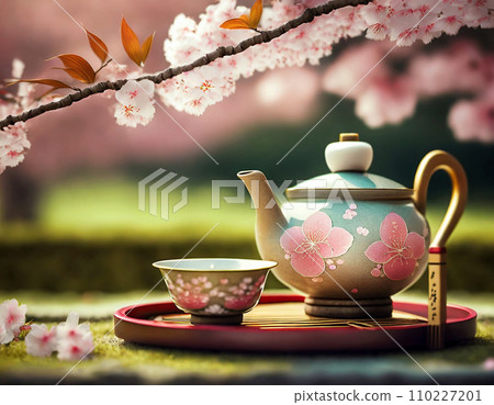 在盛開的櫻花園裡舉辦的茶會，配有美麗的茶具 110227201