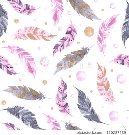 Seamless pattern with isolated pink and purple violet, lilac and bubbles watercolor feathers. Hand painted colorful feathers. Tribal boho aztec background perfect for textile Seamless pattern with isolated pink and purple violet, lilac and bubbles watercolor feathers. Hand painted colorful feathers. Tribal boho aztec background perfect for textile 110227389