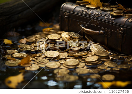 Open metall treasure chest with golden coins 110227466