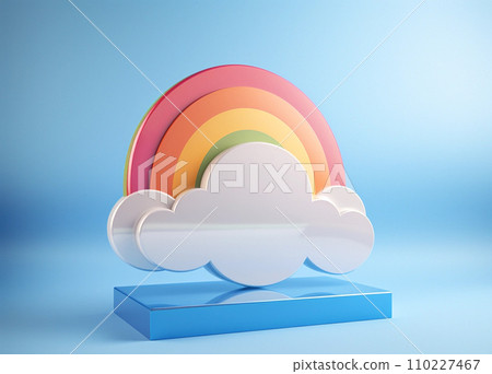 Cloud and rainbow shaped award on podium on pastel background 110227467