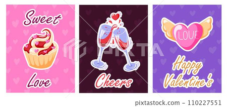 Happy Valentines love Day posters set in flat style. Cupcake, heart with wings, two wine splash glasses. Vector illustration isolated on a white background. Happy Valentines love Day posters set in flat style. Cupcake, heart with wings, two wine splash glasses. Vector illustration isolated on a white background. 110227551