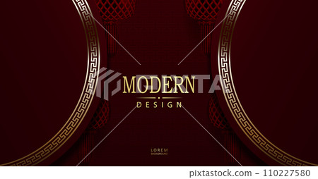 Chinese New Year, texture dark red illustration with round curtains and red lanterns 110227580