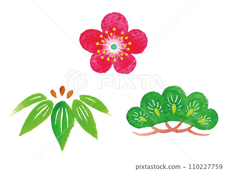 Pine, bamboo, and plum watercolor illustration set New Year's card material Lucky charms 110227759