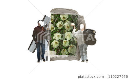 Eco friendly people. Man and woman taking care after nature and ecology. Taking away garbage, cleaning. Contemporary art collage. Eco friendly people. Man and woman taking care after nature and ecology. Taking away garbage, cleaning. Contemporary art collage. 110227956