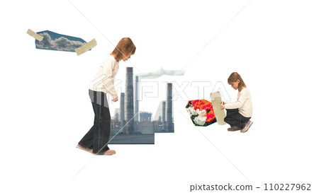 Little girl taking care after nature, environment. Industrial pollution, toxic waste. Contemporary art collage. Little girl taking care after nature, environment. Industrial pollution, toxic waste. Contemporary art collage. 110227962