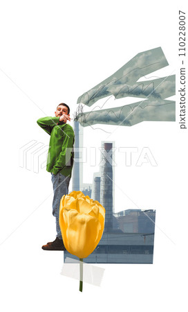 Air pollution du top factory development. Young guy claiming to take care after nature and environmental issues. Contemporary art collage. 110228007