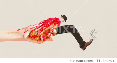 Poster. Contemporary art collage. Hand holding eclair with males body with want to running of it against beige background. Concept of traditions and culture 110228294