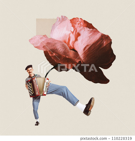Poster. Contemporary art collage. French man, with long legs in casual clothes and playing on accordion with huge pion, flower. Concept of music, culture. Poster. Contemporary art collage. French man, with long legs in casual clothes and playing on accordion with huge pion, flower. Concept of music, culture. 110228319