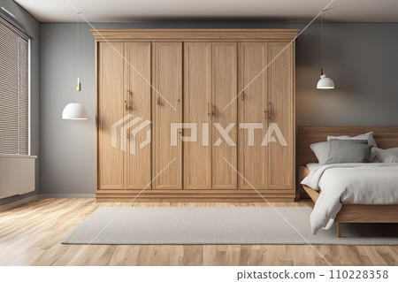 a Minimalist bedroom with wooden furniture in a modern home 110228358