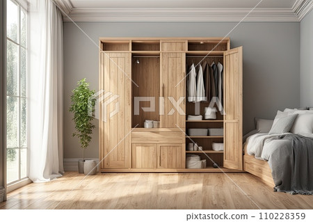 a Minimalist bedroom with wooden furniture in a modern home 110228359