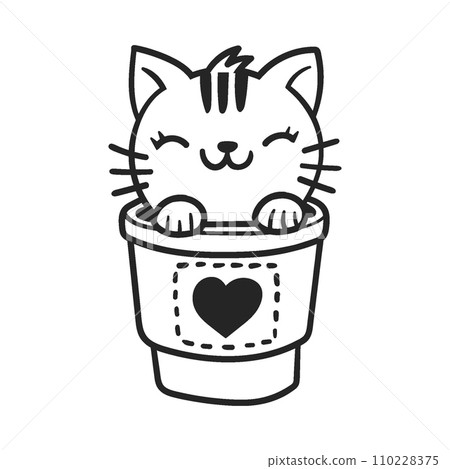 Cute cat in coffee cup line art vector illustration 110228375
