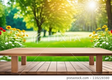 Tranquil bench in a vibrant, green garden with colorful flowers. Tranquil bench in a vibrant, green garden with colorful flowers. 110228380
