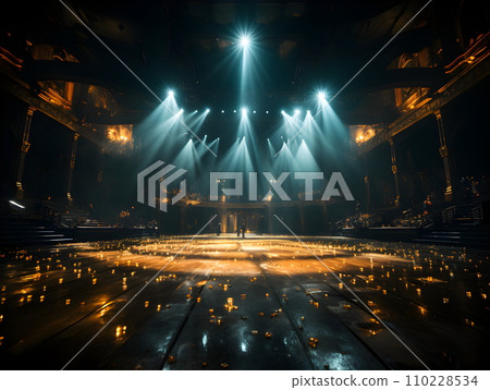 The empty performance stage had lights shining all over it. Most of the light was golden. Contrast with completely black background. The lights like beams creates exciting and impressive atmosphere. The empty performance stage had lights shining all over it. Most of the light was golden. Contrast with completely black background. The lights like beams creates exciting and impressive atmosphere. 110228534